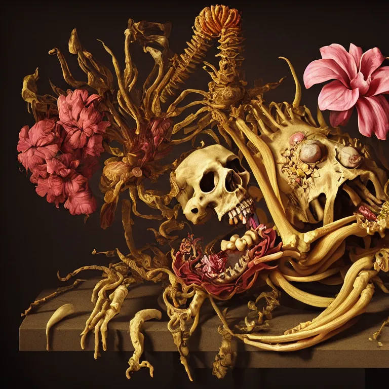 Image similar to still life of rotten flesh, beautiful tropical flowers, human spine, colorful mold, baroque painting, beautiful detailed intricate insanely detailed octane render, 8K artistic photography, photorealistic, chiaroscuro, Raphael, Caravaggio