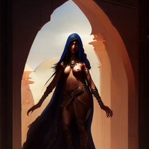 Prompt: arabian nights, character portrait, sharp, digital matte painting, art by luis royo, greg rutkowski, wlop, dramatic lighting, trending on artstation