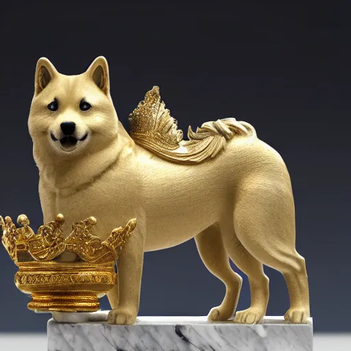 Prompt: side portrait of a shiba inu in the form of a greek sculpture in marble, with a gold crown, baroque elements in the background, museum. intricate artwork by miguel angel. photorealistic. ultra detailed. flash. octane render. cinematic. 4 k. bokeh.