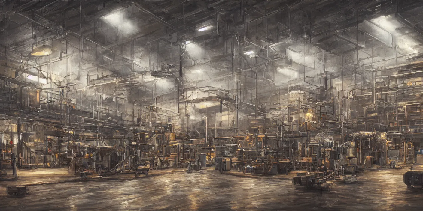 Image similar to modern factory, cinematic lighting, detailed oil painting, hyperrealistic, 8k