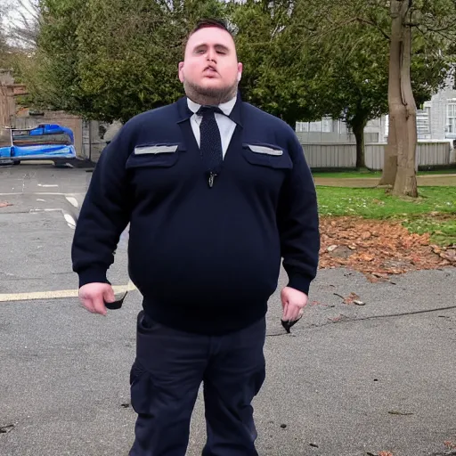 Image similar to clean - shaven chubby chubby chubby 3 2 year old caucasian man from uk. he is wearing navy police sweater and necktie and black boots and police helmet. he is making a youtube apology video