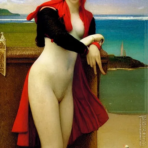 Prompt: A girl with jester hat and clothes on the front of a Balustrade with a beach on the background, major arcana cards, by paul delaroche, hyperrealistic