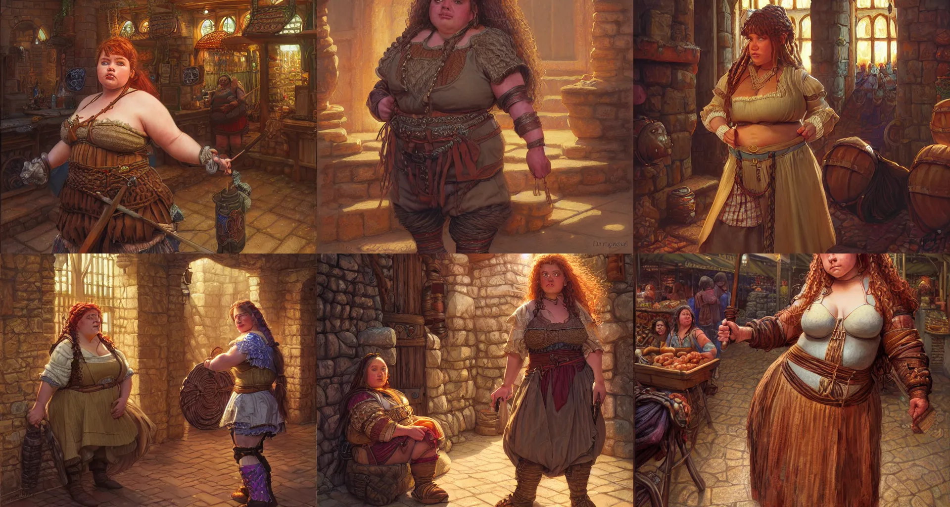 Prompt: illustration, chubby female dwarf commoner at the city market, elaborate braided hair, short robust woman, style by donato giancola, wayne reynolds, jeff easley dramatic light, high detail, cinematic lighting, centered, artstation, dungeons and dragons