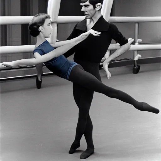 Image similar to mr spock wearing a blue tutu taking ballet lessons from a female klingon ballet teacher