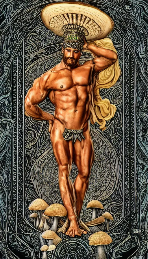 Image similar to a masterpiece hyperdetailed dnd tarot card, magnificent mushroom deity as depicted in a colossal greek marble statue ( with godlike bodybuilder physique ), hd tarot card depicting monumental statue of a mushroom god with cute large mushroom hat, hdr, 8 k, artstationhq, digital art