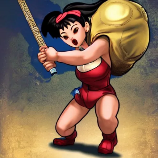 Image similar to chun li stomping a goomba with a pogo stick.