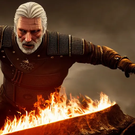 Prompt: mads mikkelsen as gerald the witcher doing igni, fire, concept art, high definition, professional photography, 8 k