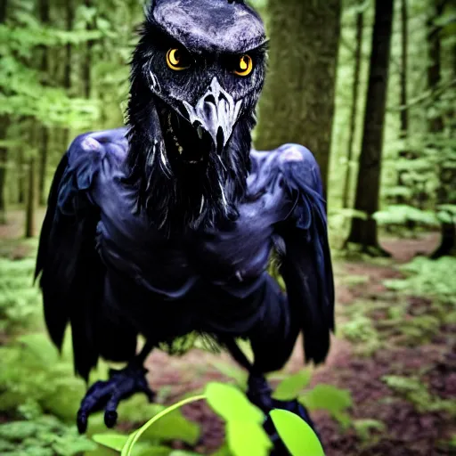 Image similar to werecreature consisting of a human and crow, photograph captured in a forest