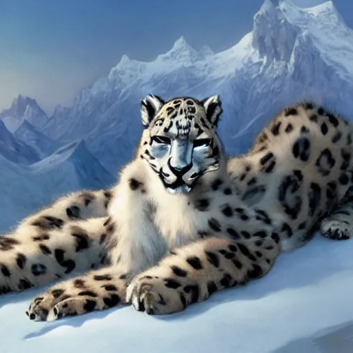 A 4K ultra HD mobile wallpaper depicting a graceful and elusive Snow Leopard,  with its thick fur and piercing blue eyes, perched on a rocky ledge against  the backdrop of a snow-capped