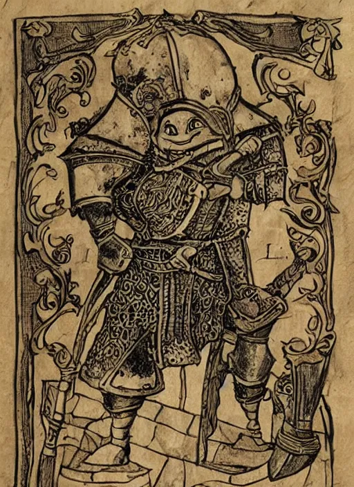 Image similar to medival scroll illustration of a Shrek in armour from Shrek the movie, fine detail, copperplate