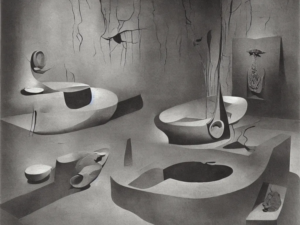 Image similar to brutalist interior with stone bathtub with polynesian mask and lily. karl blossfeldt, henri moore, salvador dali