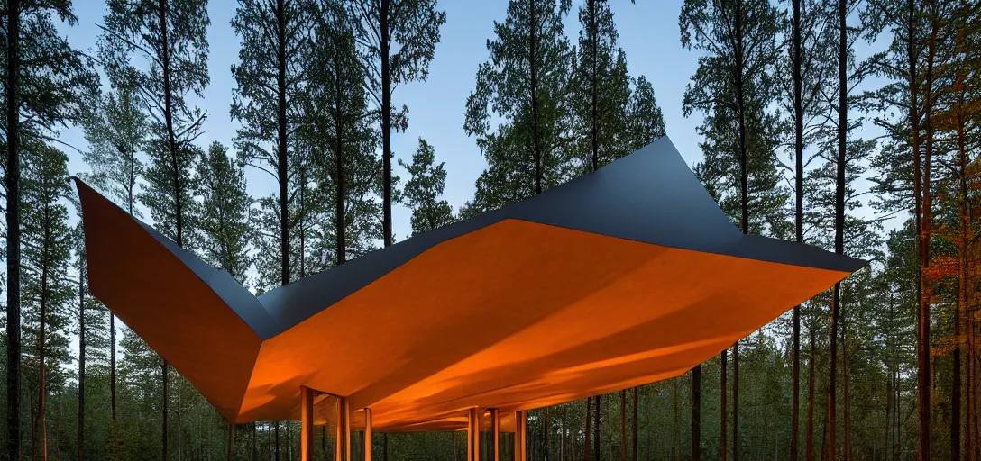 Image similar to faceted roof planes lift and descend creating shade and architectural expression, highly detailed, situated in the forest, next to a highly reflective lake, at dusk, vivid color