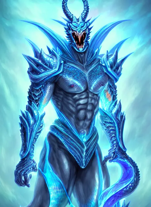 Image similar to muscular and tall blue ghostly fire humanoid dragon!!!! draconian!! intricate ornate iridescent heavy armor!! character concept art, sharp focus, octane render! unreal engine 5! highly rendered!! trending on artstation!! detailed linework!! illustration by artgerm, wlop, and chie yoshii