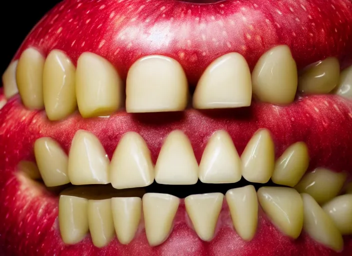 Image similar to photo still of an apple with human teeth, 8 k, studio lighting bright ambient lighting key light, 8 5 mm f 1. 8