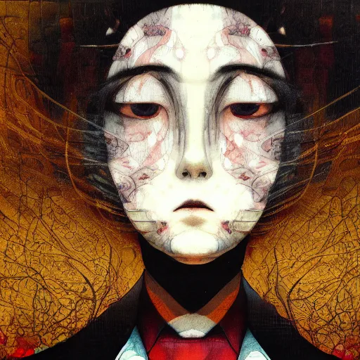 Image similar to yoshitaka amano blurred and dreamy realistic portrait of a woman with black eyes and white hair wearing dress suit with tie, junji ito abstract patterns in the background, satoshi kon anime, noisy film grain effect, highly detailed, renaissance oil painting, weird portrait angle, blurred lost edges, three quarter view