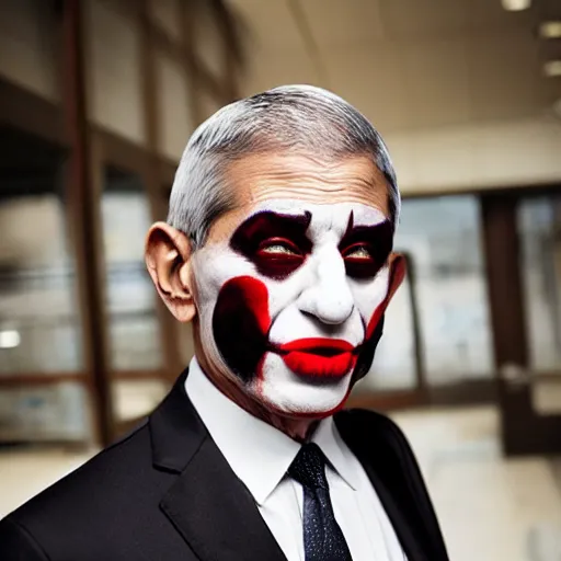 Prompt: UHD candid photo of Anthony Fauci dressed as a hitman, wearing accurate clown makeup, accurate face, UHD, photorealistic, correct face, photo by Annie Leibowitz