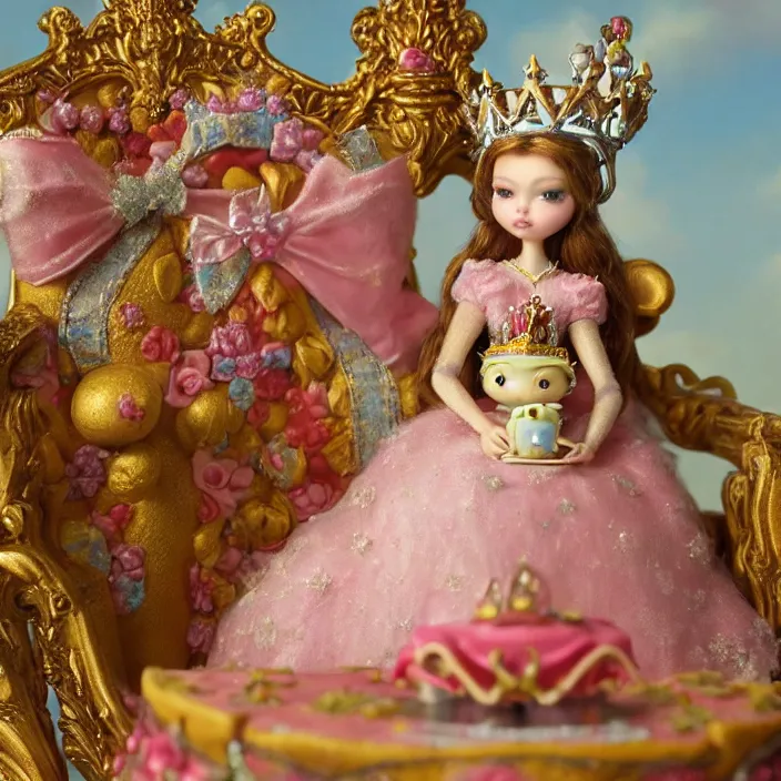 Image similar to highly detailed closeup, portrait of a tin toy fairytale princess sitting on a throne wearing a crown eating cakes, unreal engine, nicoletta ceccoli, mark ryden, earl norem, lostfish, global illumination, detailed and intricate environment