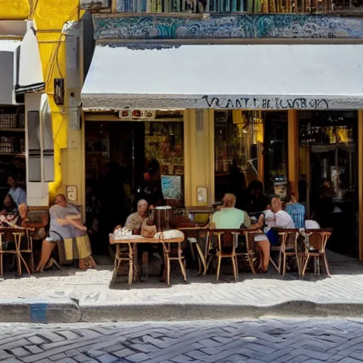 Image similar to a sunlit cafe in Tel Aviv, busy, daytime, in the style of Vincent Van Gogh