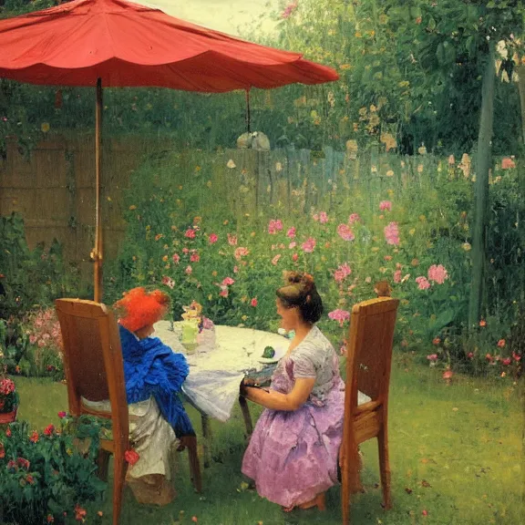 Image similar to a housewife and her daughter putting dishes on a table in the backyard, a tilted parasol sits above the table, a garden with colorful flowers in the background, rainy scene, cozy 1 9 5 0's, medium symmetry, by ilya repin, by greg rutkowski, extreme detail, 8 k, intricate abstract, photorealistic
