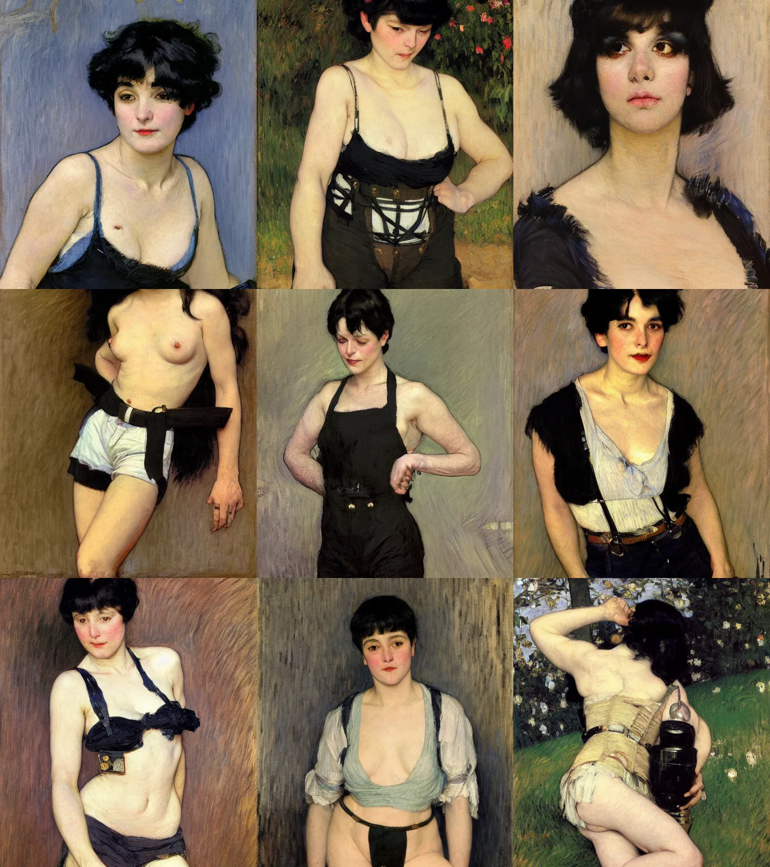 Prompt: a woman with black hair and long pixie haircut in shorts with suspenders drawn by george bellows, gustave caillebotte, Alexandre Cabanel, norman rockwell, william waterhouse, maler collier, peter paul rubens, alphonse mucha, gustav klimt 4k, unreal 5, DAZ, french noveau, trending on artstation, octane render, hyperrealistic