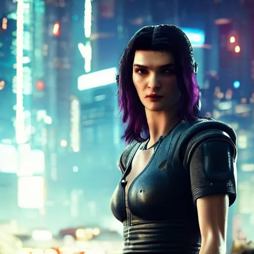 Image similar to a younger rachel weisz in cyberpunk 2 0 7 7, unreal engine 5 4 k, hyperdetailed photorealism