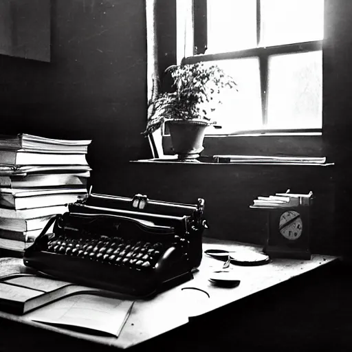 Prompt: 1880, inside a female writer room, Remington typewriter, many plants, many books, piles of books, beautiful light, long shadows, 50 mm lens, crackles, scratches, dust, stains