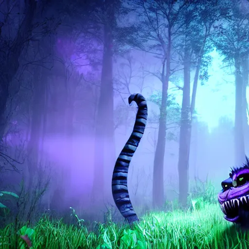 Image similar to demonic cheshire cat in a neon purple forest, horror, scary, realist, cryengine, hdr