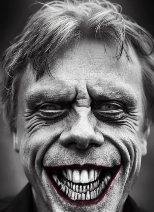 Image similar to photo of Mark Hamill as the Joker by Lee Jeffries, horror, big smile, detailed, award winning, Sony a7R, trending on artstation