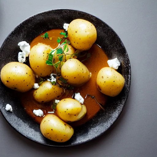 Prompt: dslr photograph of potatoes, goat cheese and honey sauce, michelin starred restaurant, award winning photography