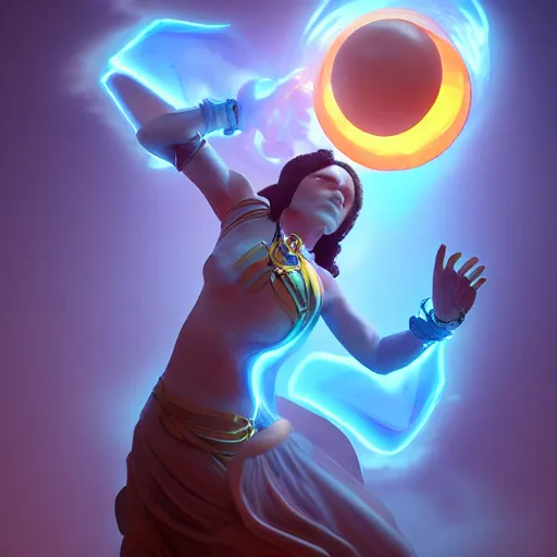 Prompt: a powerful goddess woman floating with a glowing orb of blue power in her hand, trending on artstation, colourful, powerful, dark, mysterious, unreal engine 5