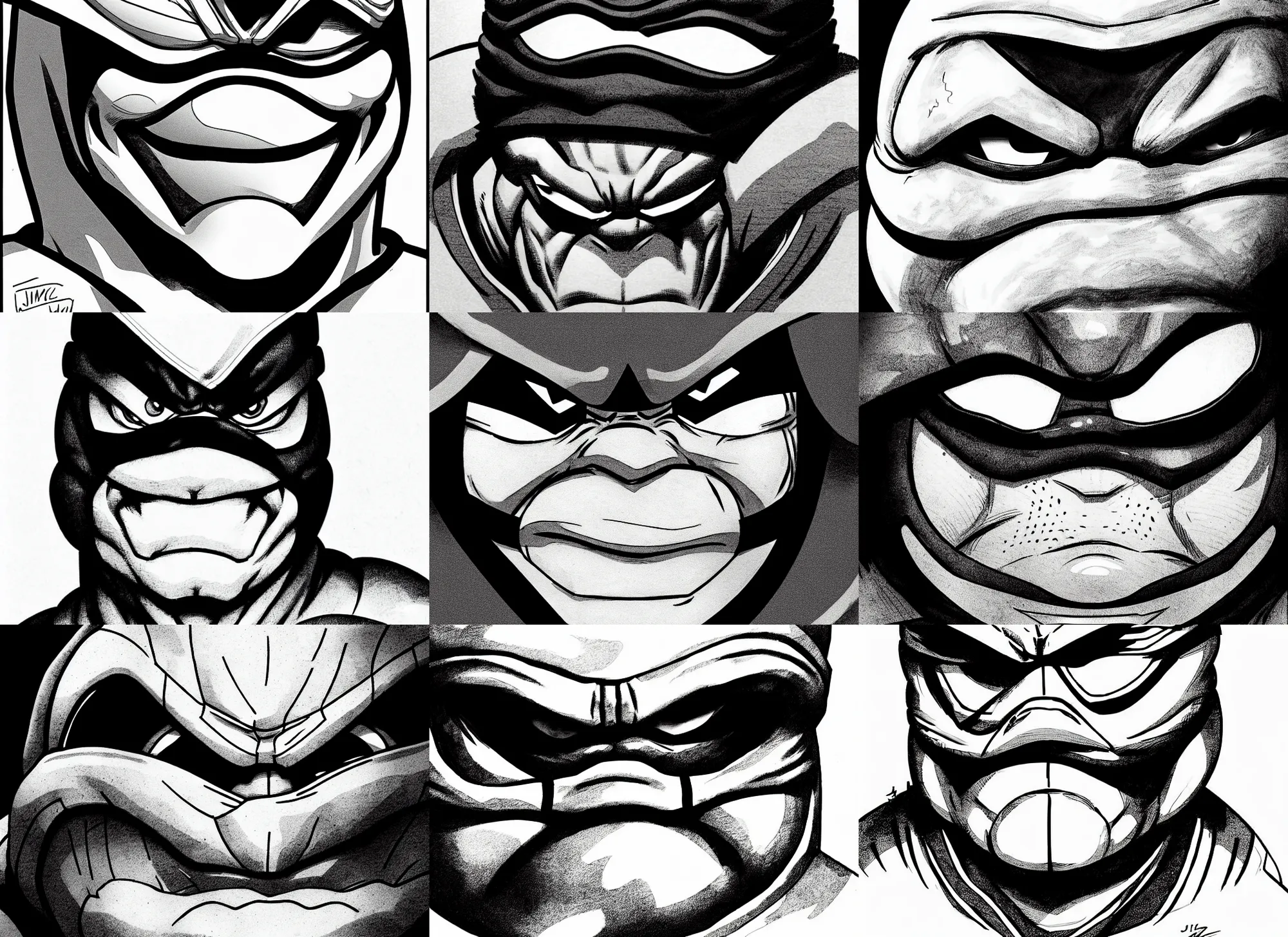 Prompt: anthropomorphic ninja turtle!!! jim lee!!! face macro shot!!! flat! ink sketch grayscale by jim lee close up in the style of jim lee, ninja! battle rugged hulk turtle animal superhero big cheeks by jim lee