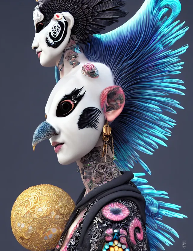 Image similar to 3 d goddess close - up profile portrait punk with mohawk with ram skull. beautiful intricately detailed japanese crow kitsune mask and clasical japanese kimono. betta fish, jellyfish phoenix, bio luminescent, plasma, ice, water, wind, creature, artwork by tooth wu and wlop and beeple and greg rutkowski