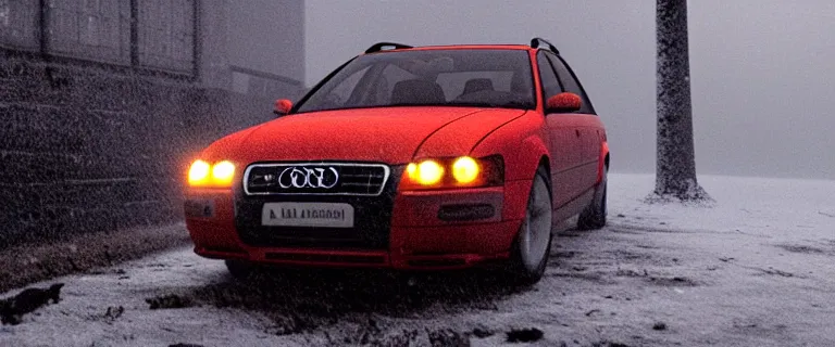 Image similar to Audi A4 B6 Avant (2002), a gritty neo-noir, dramatic lighting, cinematic, eerie person, death, homicide, homicide in the snow, gunshots, establishing shot, extremely high detail, photorealistic, red mist, red fog, chaos, arson, burning city, cinematic lighting, artstation, by simon stalenhag, Max Payne (PC) (2001) winter New York at night, In the style of Max Payne 1 graphic novel, flashing lights, Poets of the Fall - Late Goodbye