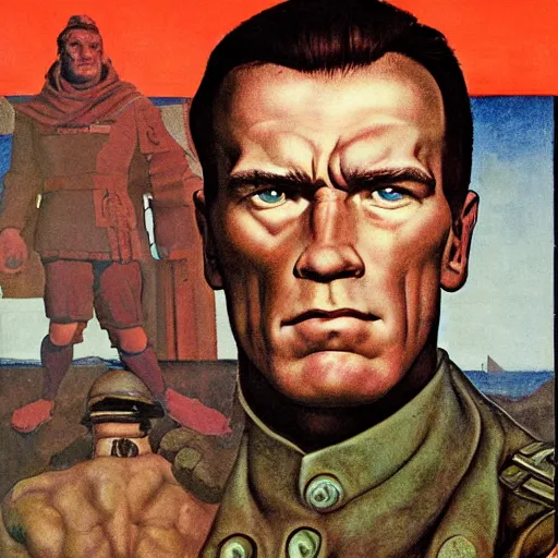 Image similar to portrait of Nazi Arnold Schwarzenegger as a Wolfenstein character, by Angus McBride, Gentile Bellini, Piero della Francesca, and Arthur Rackham. HD face portrait.