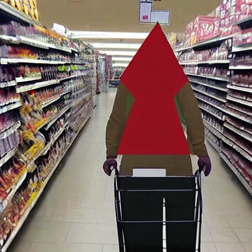 Prompt: pyramid head from silent hill shopping at a grocery store
