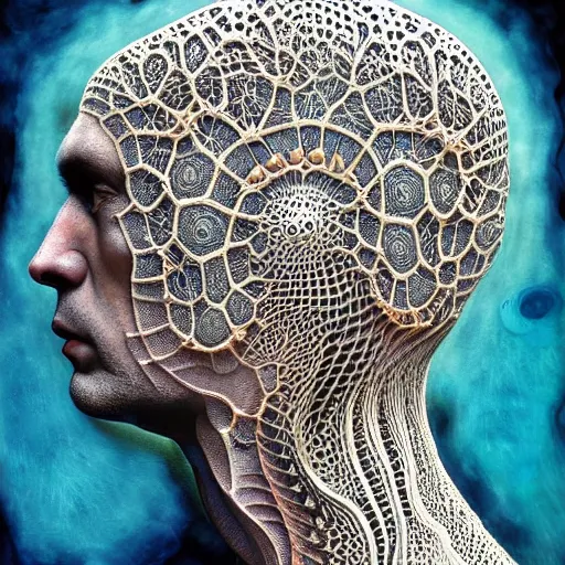 Prompt: realistic extremely detailed fractal lace 3d skin photo style portrait painting of an average man with exposed clear brain , retro futuristic ,water , style hybrid mix of beeple,Jean Delville, Amano,Yves Tanguy, Alphonse Mucha, Ernst Haeckel, Edward Robert Hughes,Stanisław Szukalski and Roger Dean, rich moody colors,diamond dust glitter and sparkles,krypton ion,blue eyes,octane render,4k,f32
