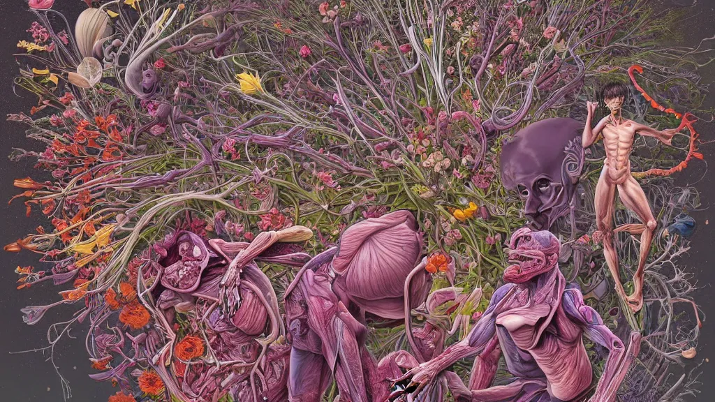 Image similar to highly detailed illustration of a human anatomy body exploded by all the known species of flowers by juan gatti, by moebius!!,, by oliver vernon, by joseph moncada, by damon soule, by manabu ikeda, by kyle hotz, by dan mumford, by kilian eng