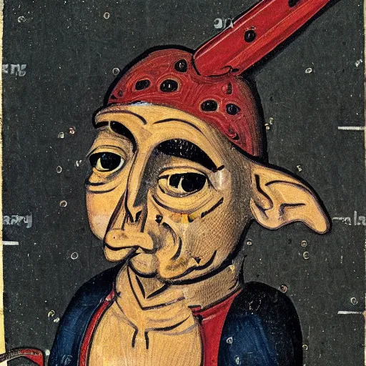 Prompt: medieval vibrant portrait of a goblin head stabbed by a beautiful sword, simple