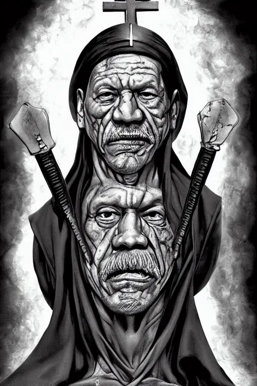 Prompt: portrait of Danny Trejo as church nun, dark fantasy, highly detailed, artstation, manga illustration by Kentaro Miura berserk