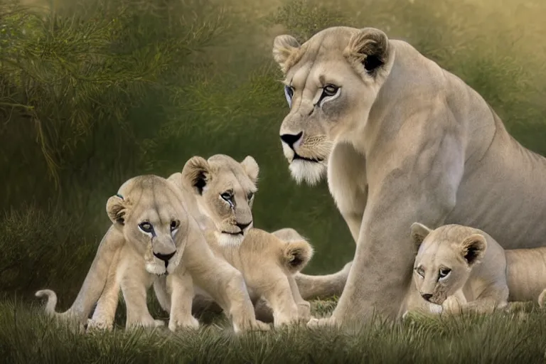 Prompt: beautiful aesthetic digital illustration of a pale blue lioness with a litter of pastel cubs