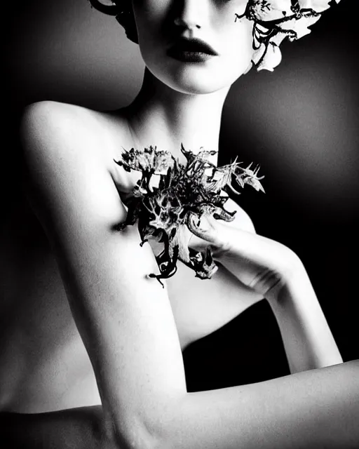 Image similar to a black and white high quality dreamy photo of a young beautiful female queen-pale dragon-vegetal-many flower-cyborg bust with a very long neck, elegant, highly detailed, poetic, soft, dreamy, mysterious, high fashion, rim light, in the style of Ellen von Unwerth, Realistic, Refined, Digital Art, Highly Detailed, Cinematic Lighting, rim light, black and white, photo-realistic, 8K