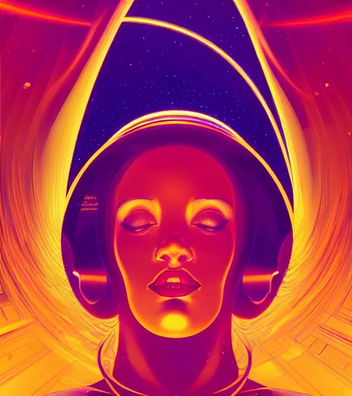 Image similar to a golden woman 2/3 portrait, in space, head breaking apart and spiraling geometry into the sky upwards into the heavens, 3 point perspective, lazer light beaming down to top of her head, by james jean, by syd mead artgerm, featured in artstation,, elegant, Moebius, Greg rutkowski, futurism