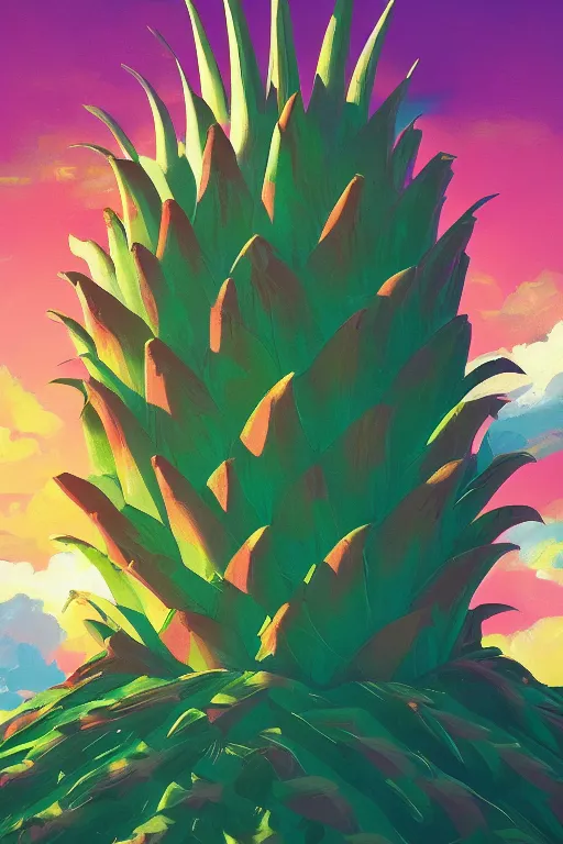 Image similar to closeup, giant pineapple head, girl surrounded by djungle, surreal photography, golden hour, colorful clouds, impressionist painting, digital painting, artstation, simon stalenhag