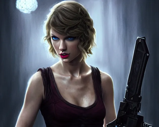 Prompt: a gaming screenshot still portrait of taylor swift in resident evil, deep focus, d & d, fantasy, intricate, elegant, highly detailed, digital painting, artstation, concept art, matte, sharp focus, illustration, dark fantasy style art, hearthstone, art by artgerm and greg rutkowski and alphonse mucha