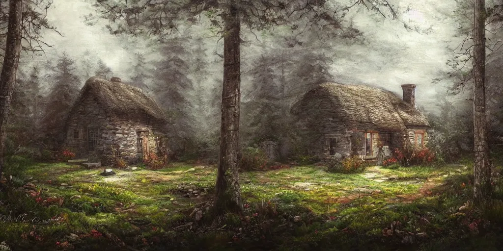 Image similar to a painting of a cottage in the woods and empty woods, 8k, fantasy, hyper realistic, atmospheric, cinematic