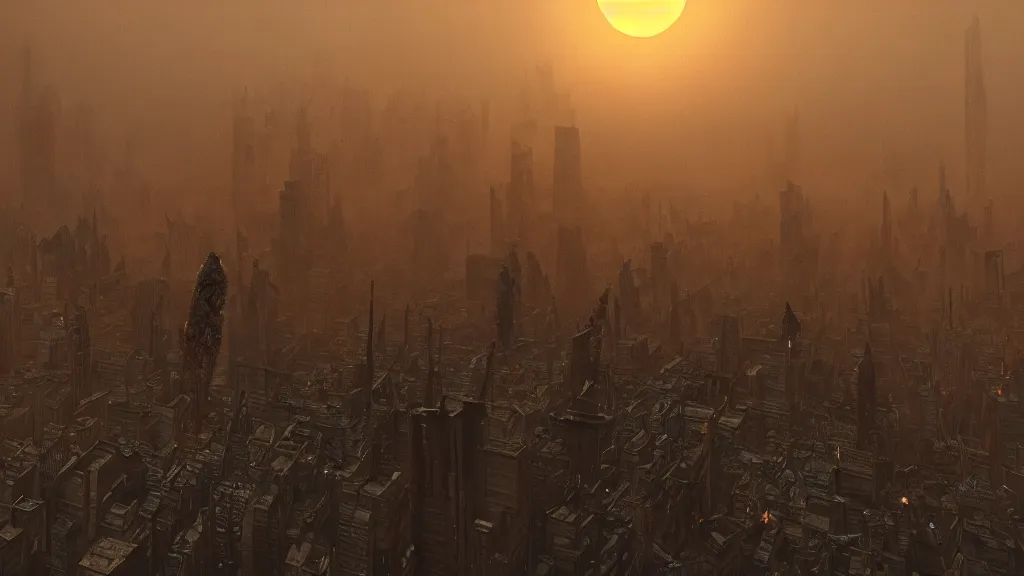 Image similar to giant insects crush a city, film still from the movie directed by Denis Villeneuve with art direction by Zdzisław Beksiński, close up, low angle, golden hour