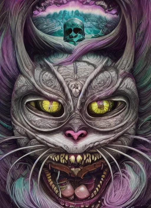 Prompt: cheshire cat, polynesian god, half skull half face, highly detailed, cinematic, 8 k, by megan duncanson, benjamin lacombe, adrian borda, stanley artgermm, tom bagshaw, craig mullins, carne griffiths, ayami kojima, beksinski, giger, trending on deviantart, hyper detailed, horror, full of colour