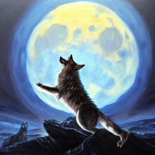 Image similar to A Hyperdetailed Award Winning Masterpiece trending on artstation of a wolf howling at the moon, oil painting