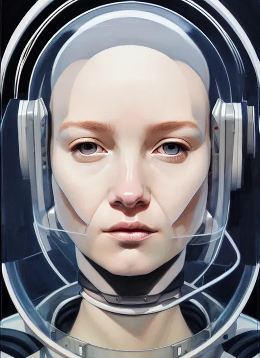 Image similar to artwork by james jean and Phil noto; a close up on the face of a beautiful woman that in a future space suit; wearing futuristic astronaut helmet; highly detailed; pretty eyes; circular black pupils; artwork by james jean and Phil noto