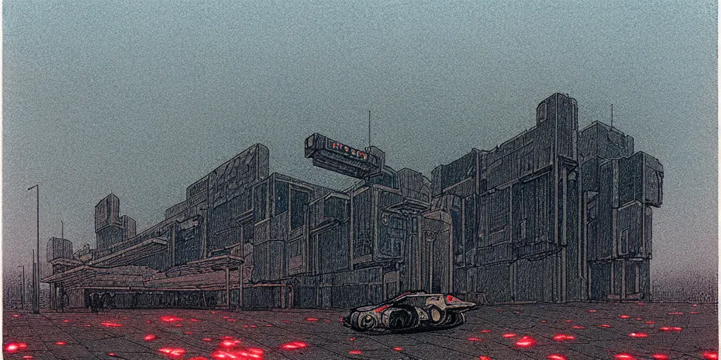 Prompt: grainy risograph matte painting of gigantic huge mech covered with wounds, black, pastel matte colors, staying in the foggy huge hyperrealism, parking station, by moebius, intricate detailed